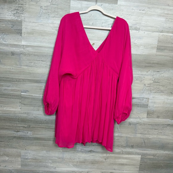 NWT Anthropologie Let Me Be Fuchsia Pink V-Neck Babydoll Mini Dress - Large - Picture 3 of 10